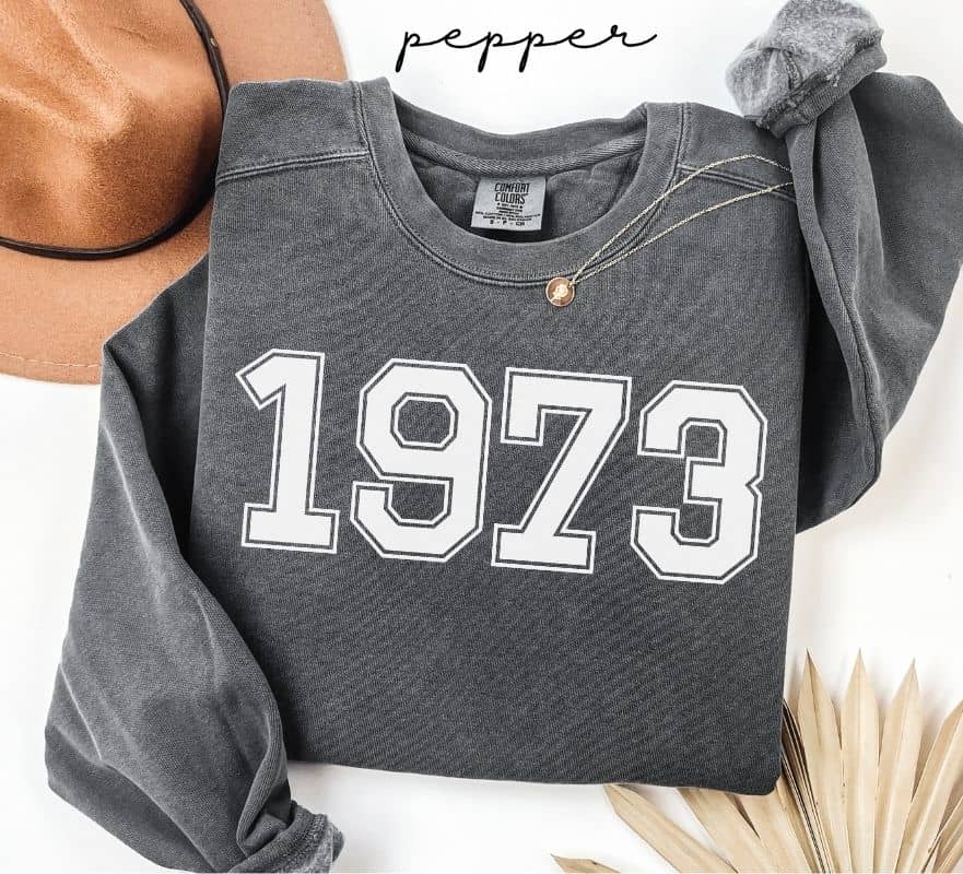 Gray (pepper) sweatshirt with '1973' printed on it, worn by a person, with a plain background.