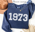 Blue (true navy) sweatshirt with '1973' printed on it, displayed with a hat and decorative elements.