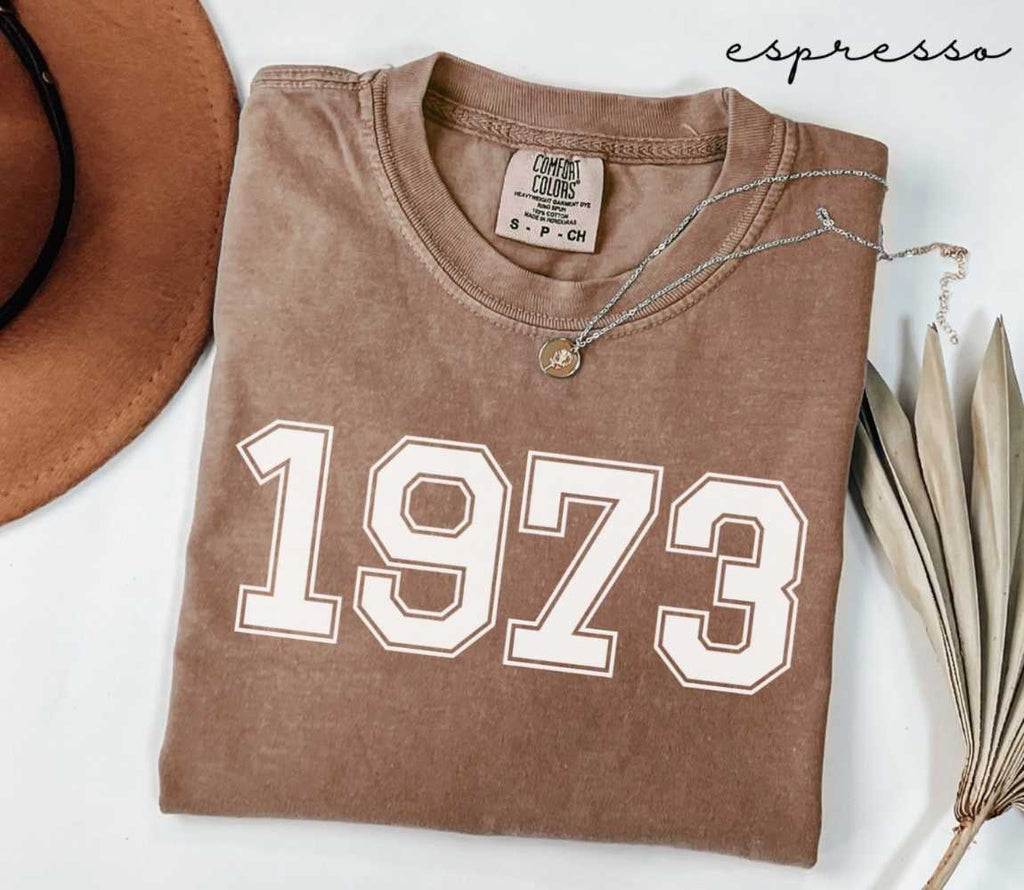 Folded brown (espresso) t-shirt with '1973' print on a white surface, accompanied by a hat and dried leaves.
