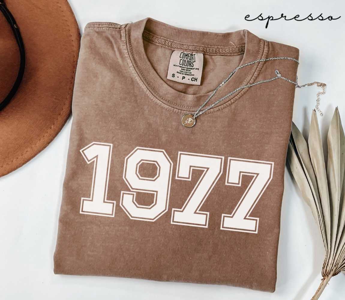 Folded brown (espresso) t-shirt with '1977' print on a white surface, accompanied by a hat and dried leaves.
