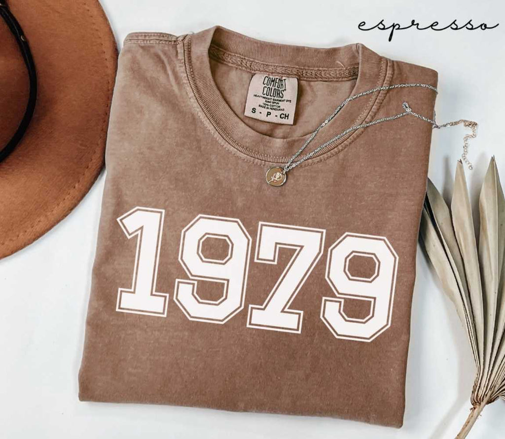 Folded brown (espresso) t-shirt with '1979' print on a white surface, accompanied by a hat and dried leaves.
