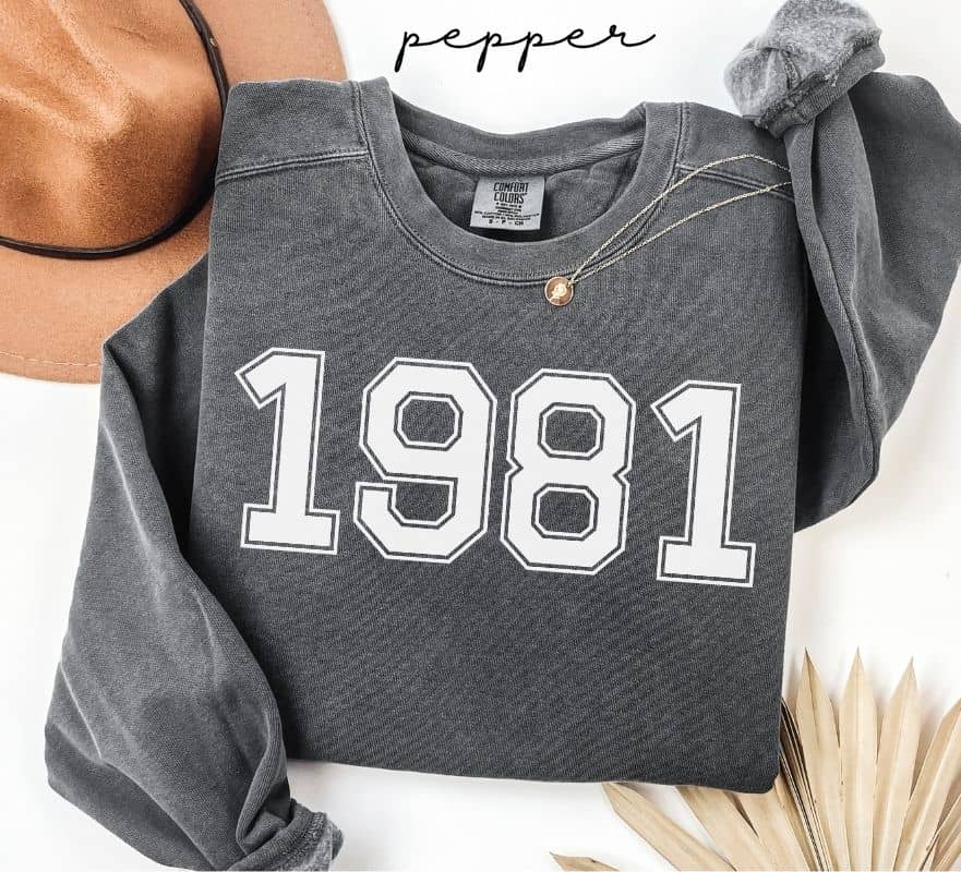 Gray (pepper) sweatshirt with '1981' printed on it, worn by a person, with a plain background.