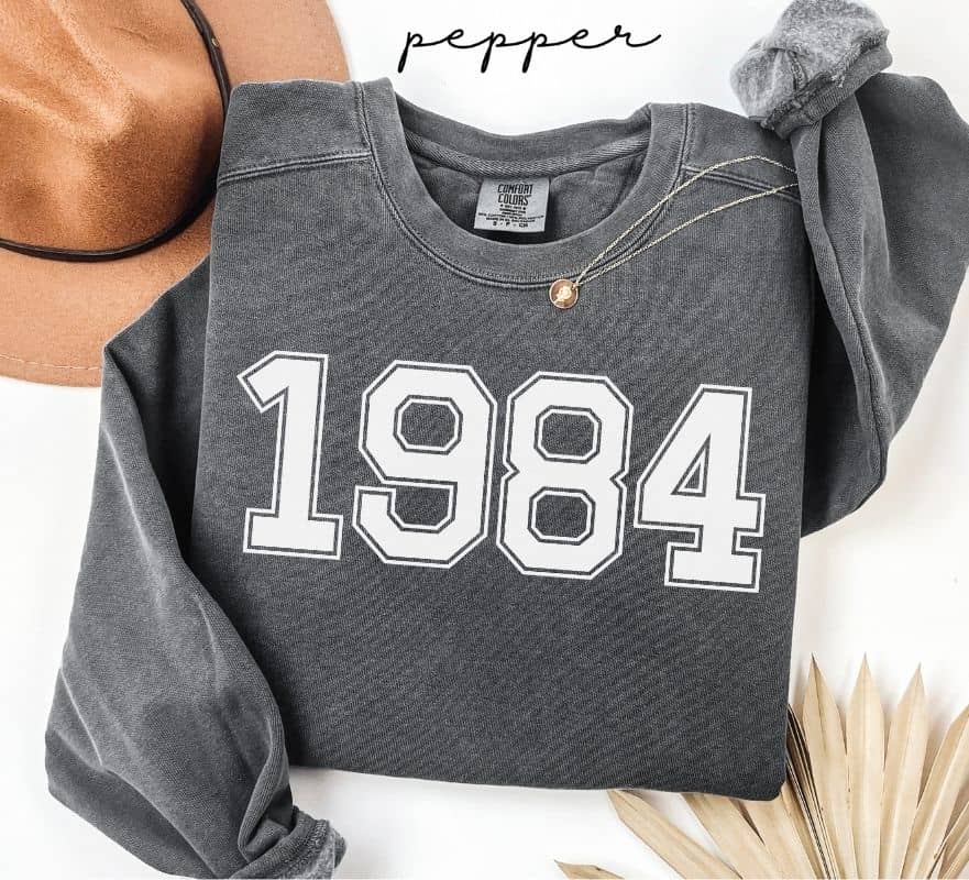 Gray (pepper) sweatshirt with '1984' printed on it, worn by a person, with a plain background.