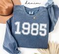 Blue (denim) sweatshirt with '1985' printed on it, worn by a person, with a plain background.