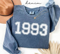Blue (denim) sweatshirt with '1993' printed on it, worn by a person, with a plain background.
