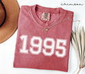 A red (Crimson) folded t-shirt with '1995' printed on it, next to a hat, and dried leaves on a white background.
