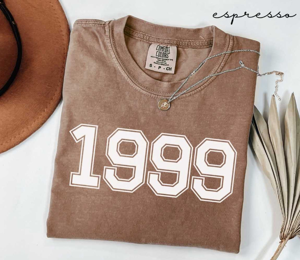 Folded brown (espresso) t-shirt with '1999' print on a white surface, accompanied by a hat and dried leaves.
