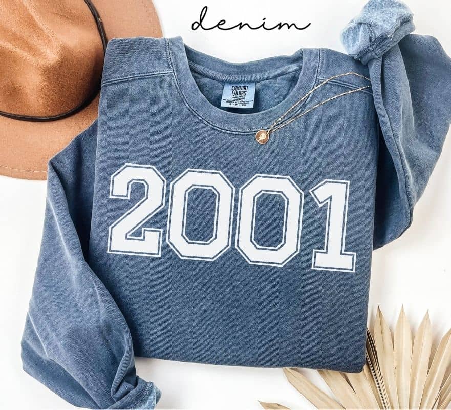 Blue (denim) sweatshirt with '2001' printed on it, worn by a person, with a plain background.
