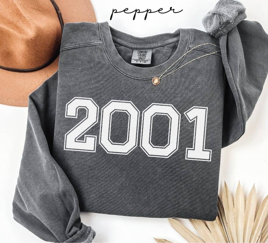 Gray (pepper) sweatshirt with '2001' printed on it, worn by a person, with a plain background.
