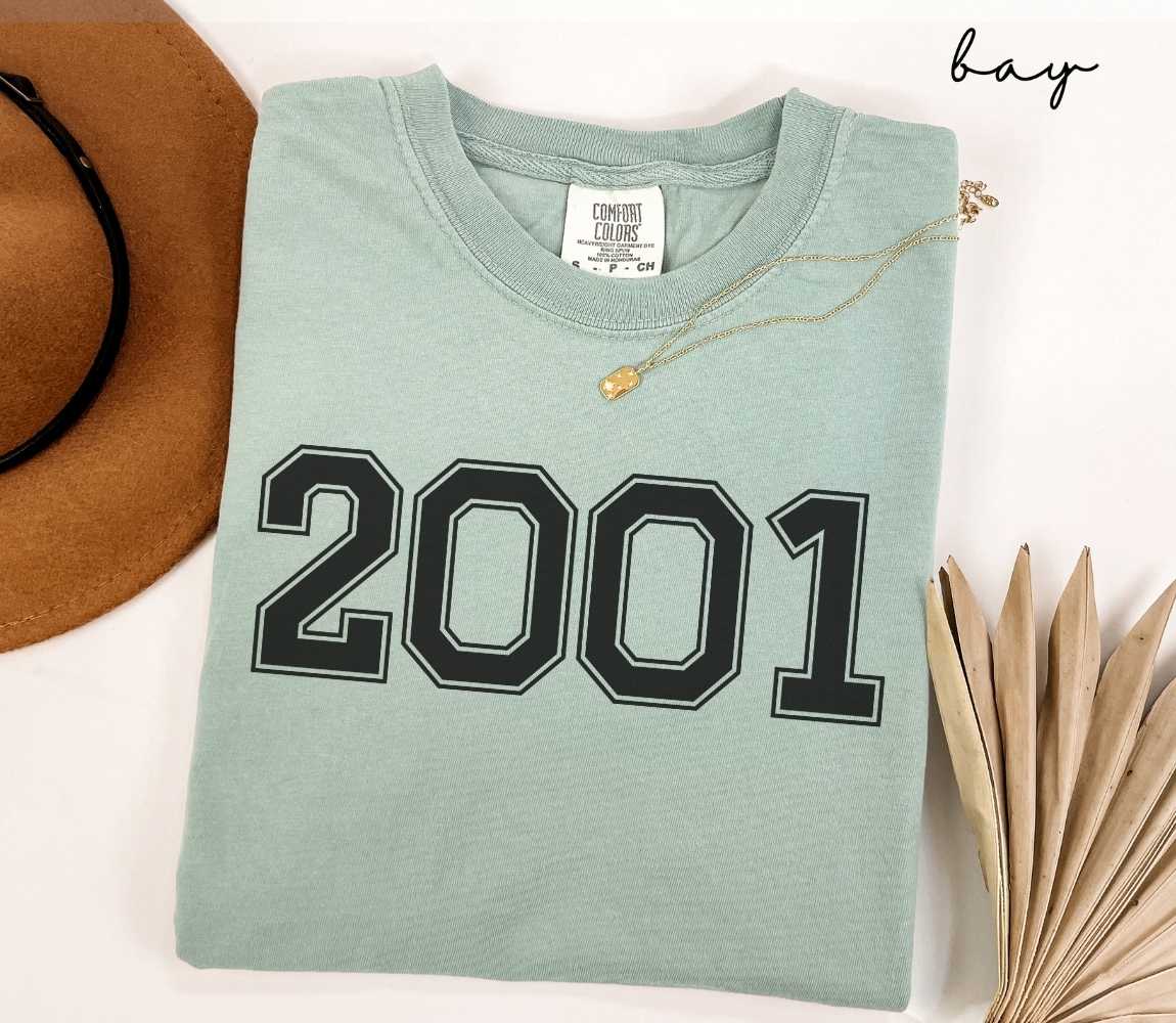 A light green (bay) t-shirt with "2001" printed on it, placed on a white surface alongside a hat and dried leaves.
