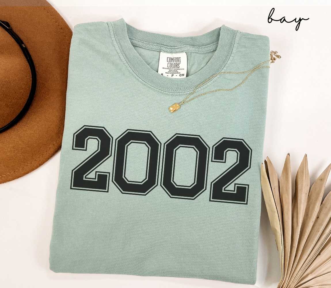 A light green (bay) t-shirt with "2002" printed on it, placed on a white surface alongside a hat and dried leaves.

