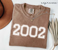 Folded brown (espresso) t-shirt with '2002' print on a white surface, accompanied by a hat and dried leaves.
