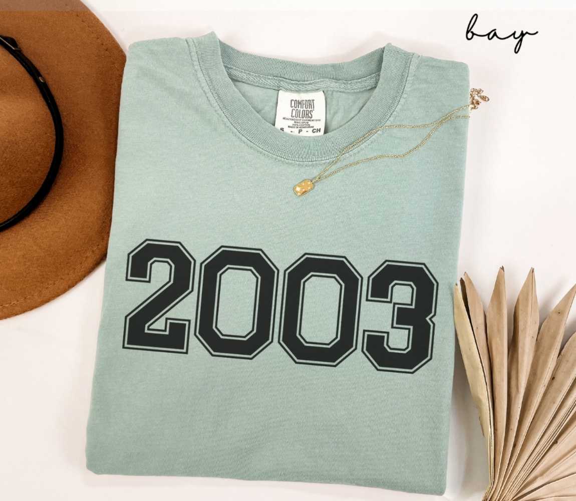 A light green (bay) t-shirt with "2003" printed on it, placed on a white surface alongside a hat and dried leaves.
