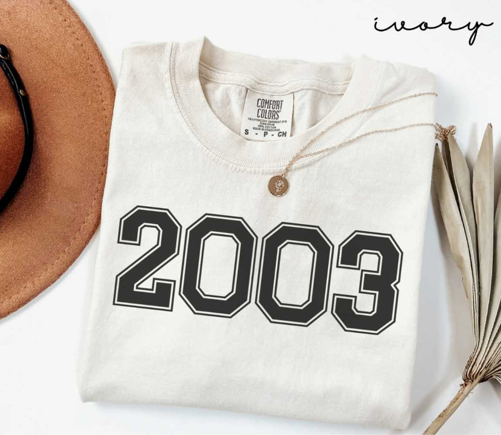 A beige (ivory) t-shirt with '2003' print, placed next to a brown hat and a dried plant on a light background.
