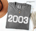 Folded gray (pepper) t-shirt with '2003' print on a white surface with a hat and dried leaves.
