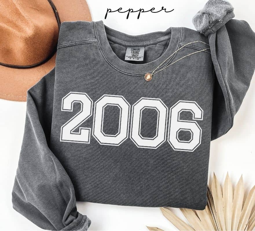 Gray (pepper) sweatshirt with '2006' printed on it, worn by a person, with a plain background.