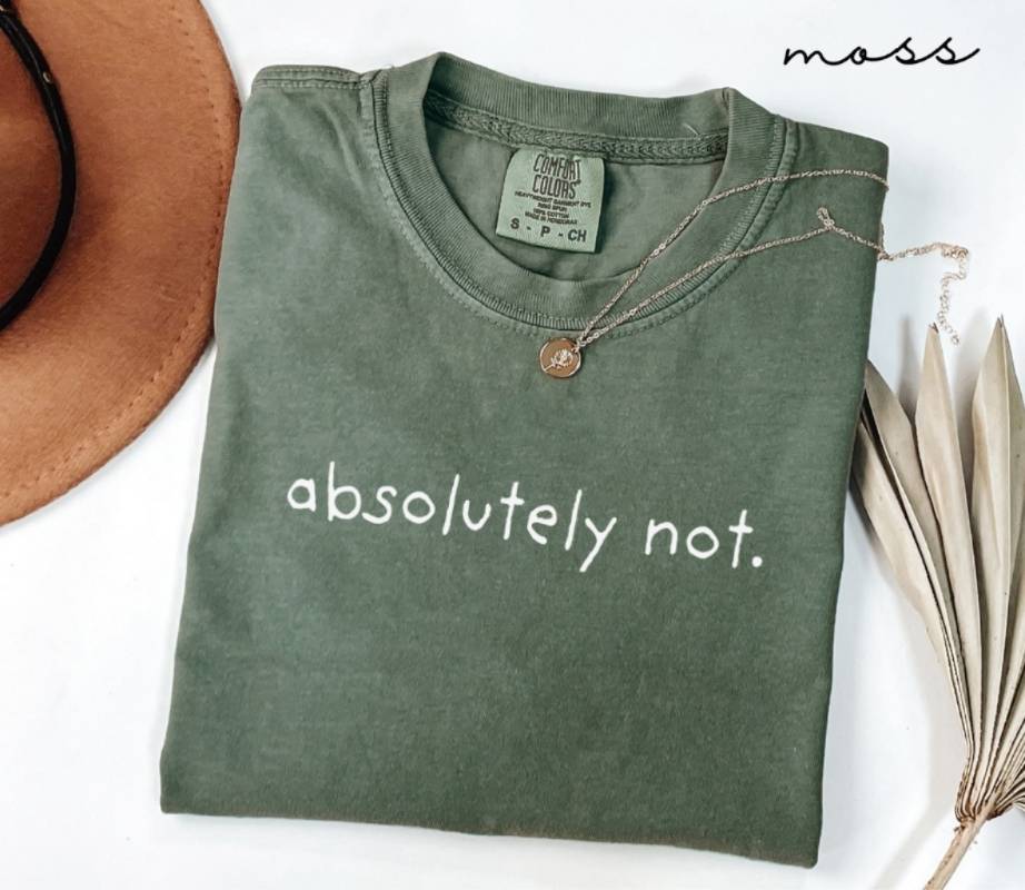 Folded green t-shirt with the text 'Absolutely not.' next to a brown hat and dried leaves on a white background.