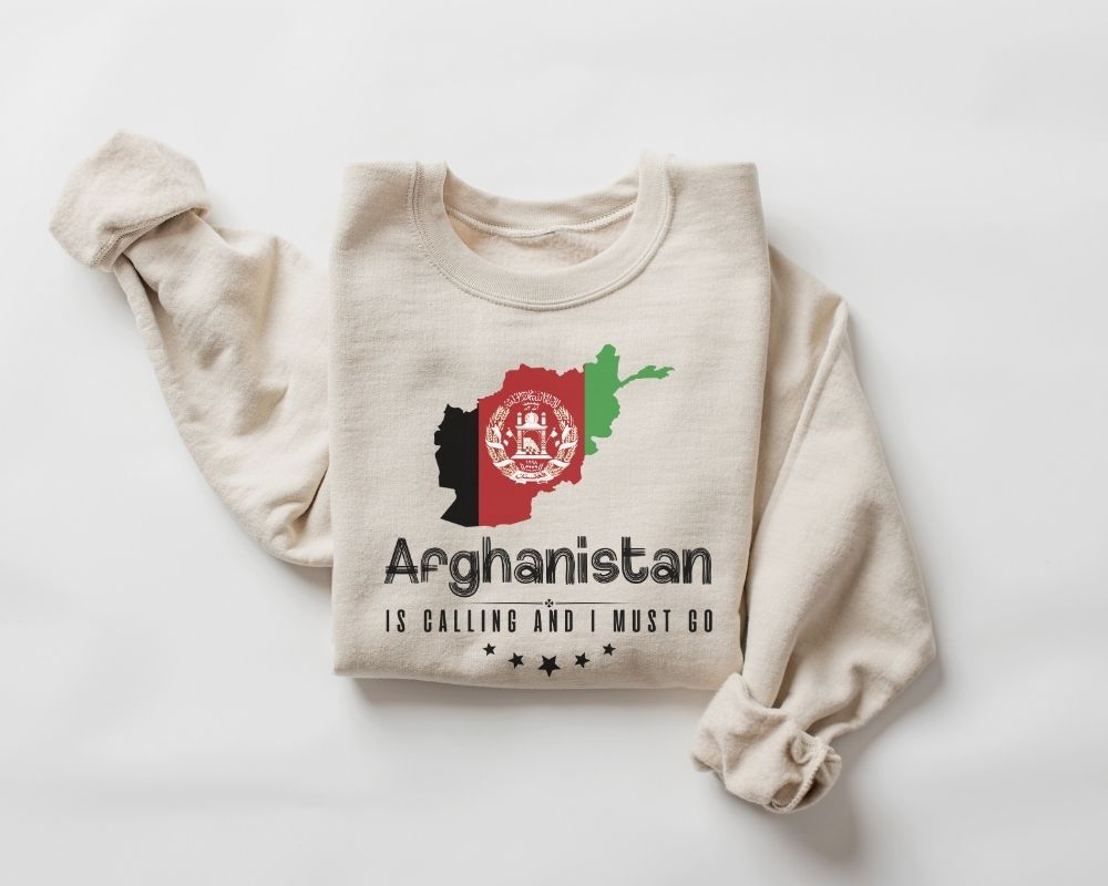 Beige (sand) sweatshirt with Afghanistan map and flag design on a white background