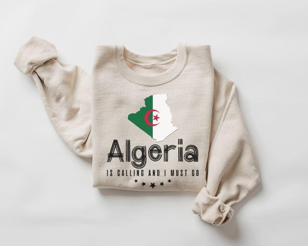 Beige (sand) sweatshirt with Algeria design and text on a white background