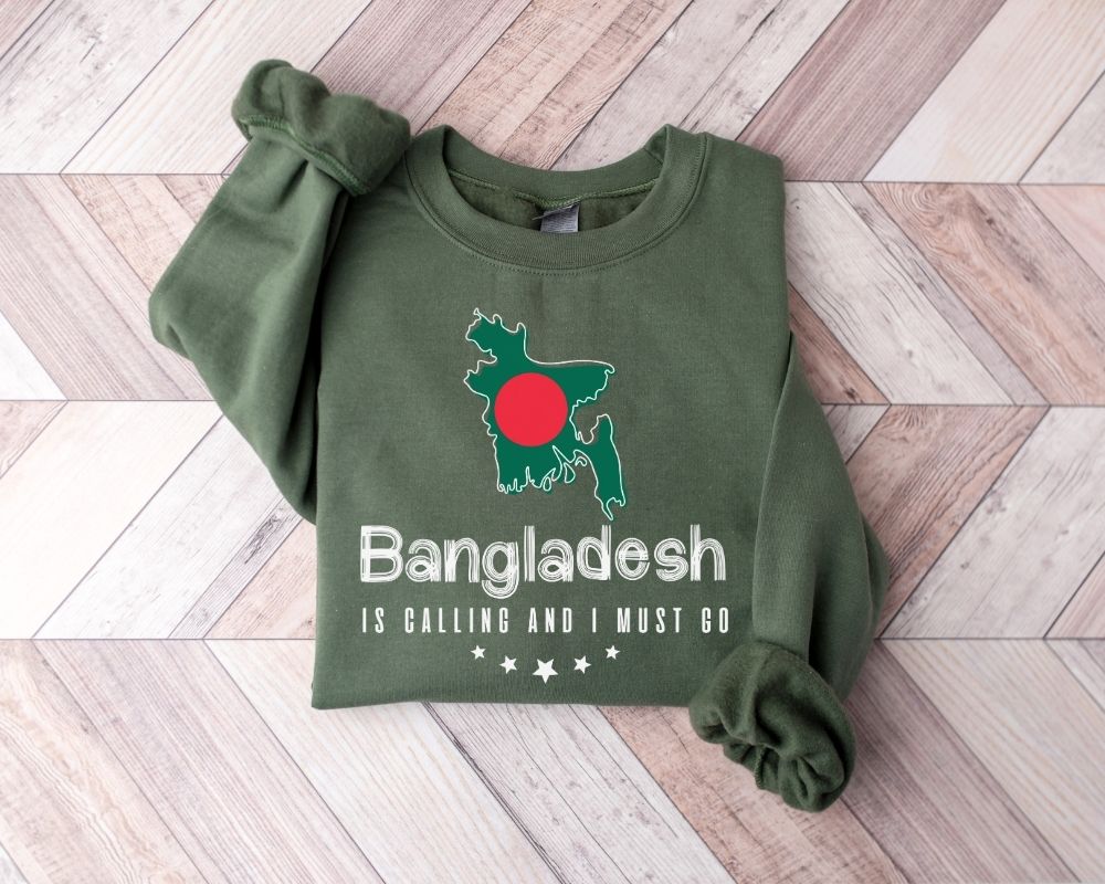 Military green sweatshirt with Bangladesh design on a wooden floor
