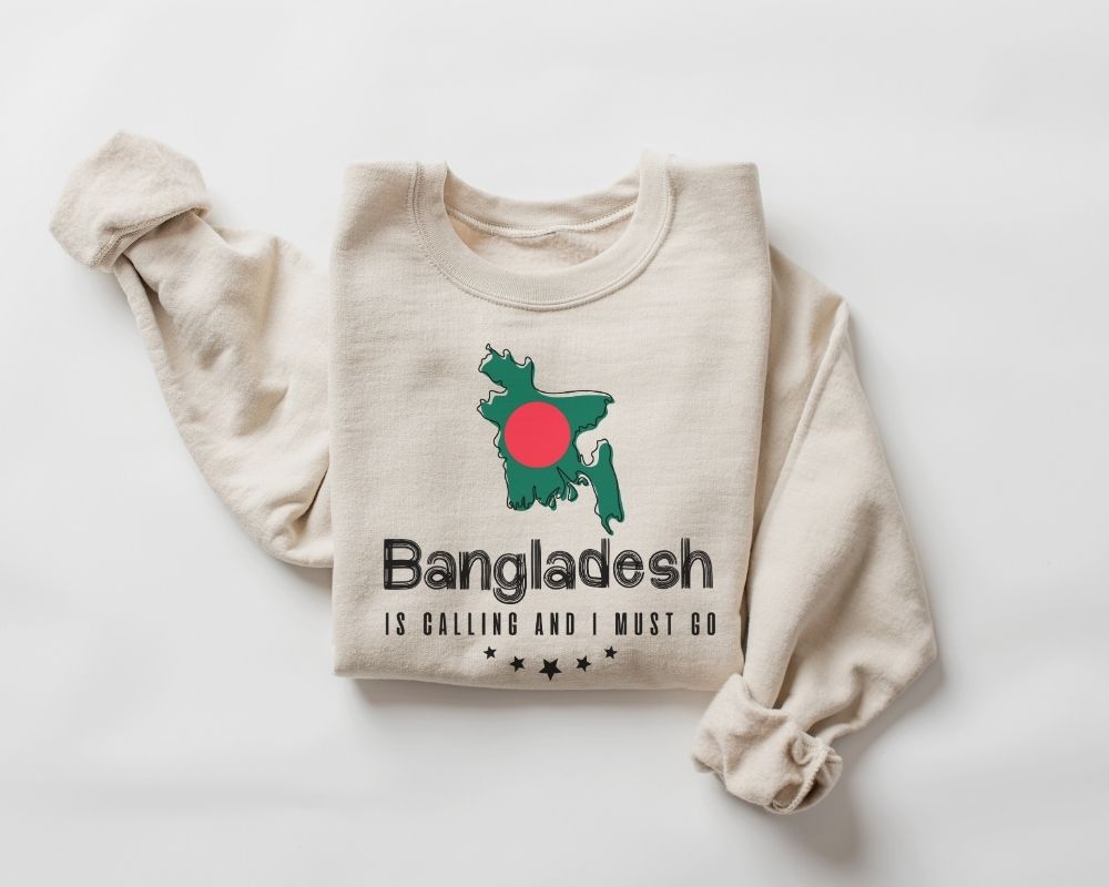 Beige (sand) sweatshirt with Bangladesh map and text design on a white background