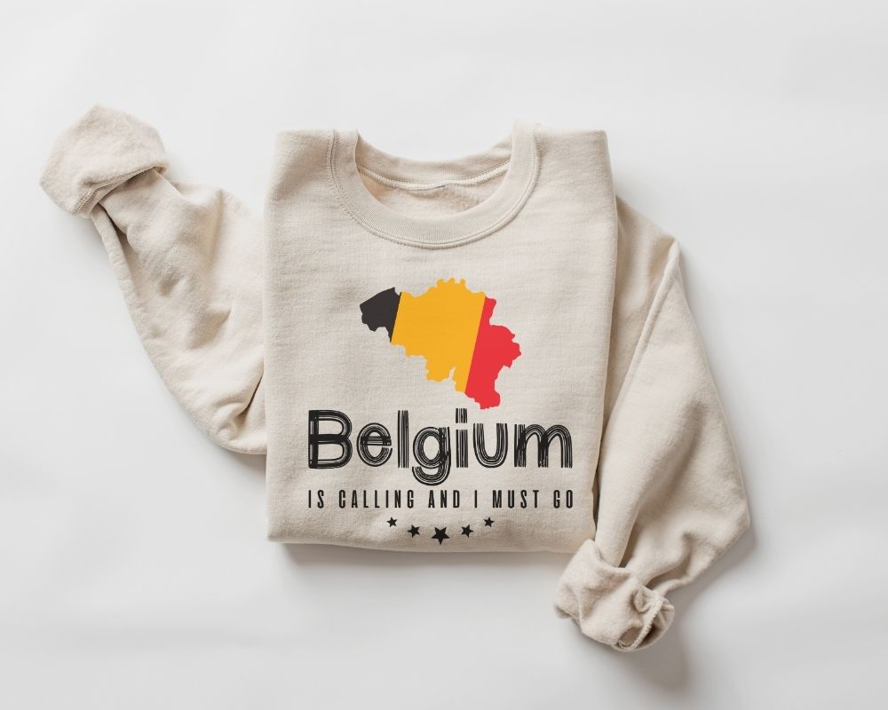 Beige (Sand) sweatshirt with Belgium-themed design on a white background