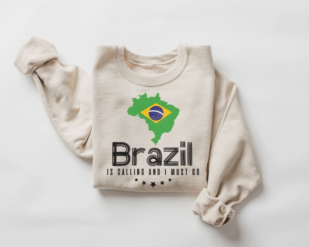 Beige (sand) sweatshirt with Brazil-themed design on a white background