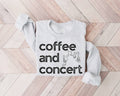 White (ash) sweatshirt with 'coffee and concert' text on a wooden floor