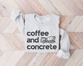 White (ash) sweatshirt with 'coffee and concrete' text and a mixer graphic on a wooden floor.
