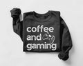 Black sweatshirt with 'coffee and gaming' text and a controller graphic on a light gray background