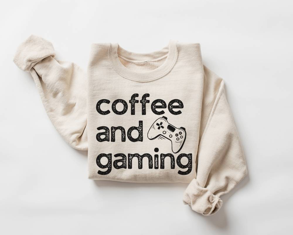 Beige (sand) sweatshirt with 'coffee and gaming' text and a joystick graphic on a white background