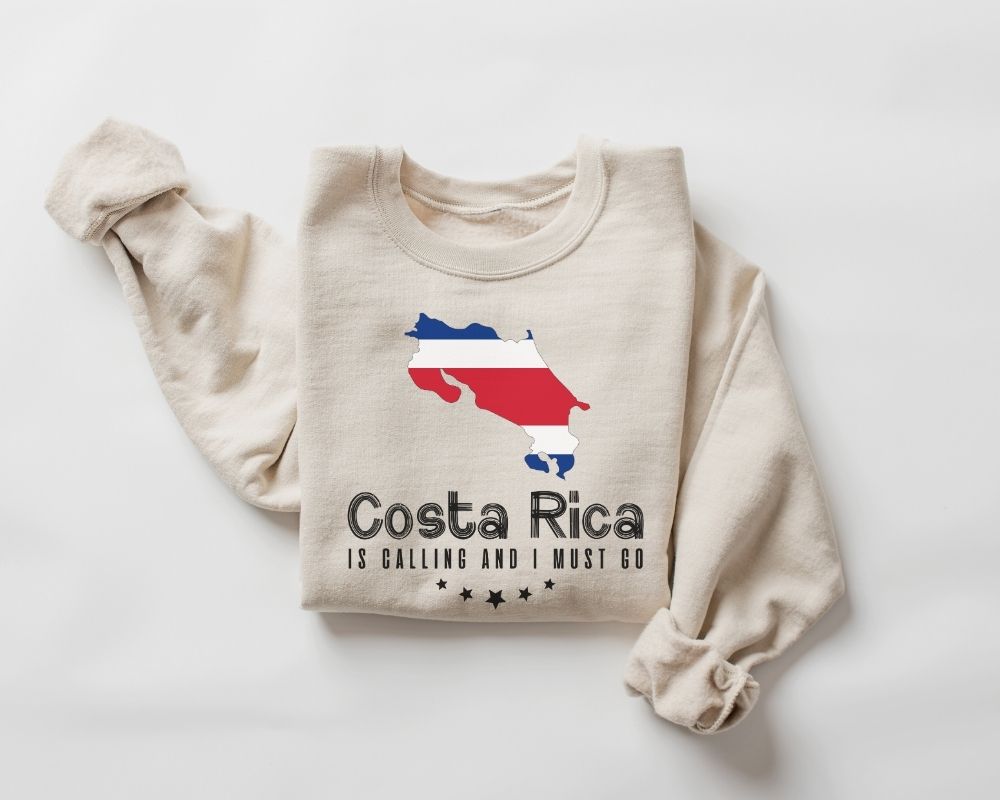 Beige (sand) sweatshirt featuring a map of Costa Rica along with text on a white background.