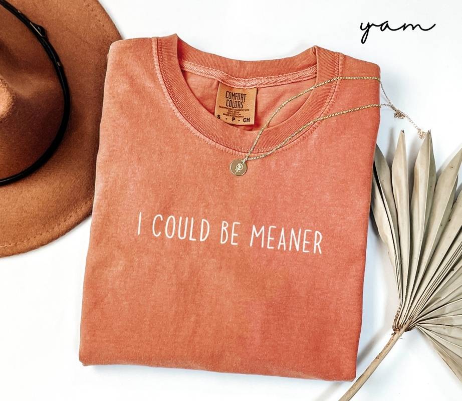 Folded orange (yam) t-shirt with 'I COULD BE MEANER' text, next to a brown hat and dried plant on a white background.