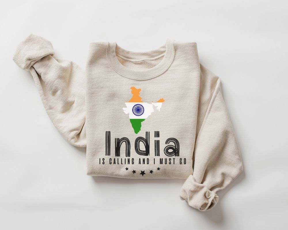 Beige (sand) sweatshirt with Indian flag design and text on a white background