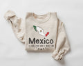 Beige (sand) sweatshirt with Mexican map design and text on a white background
