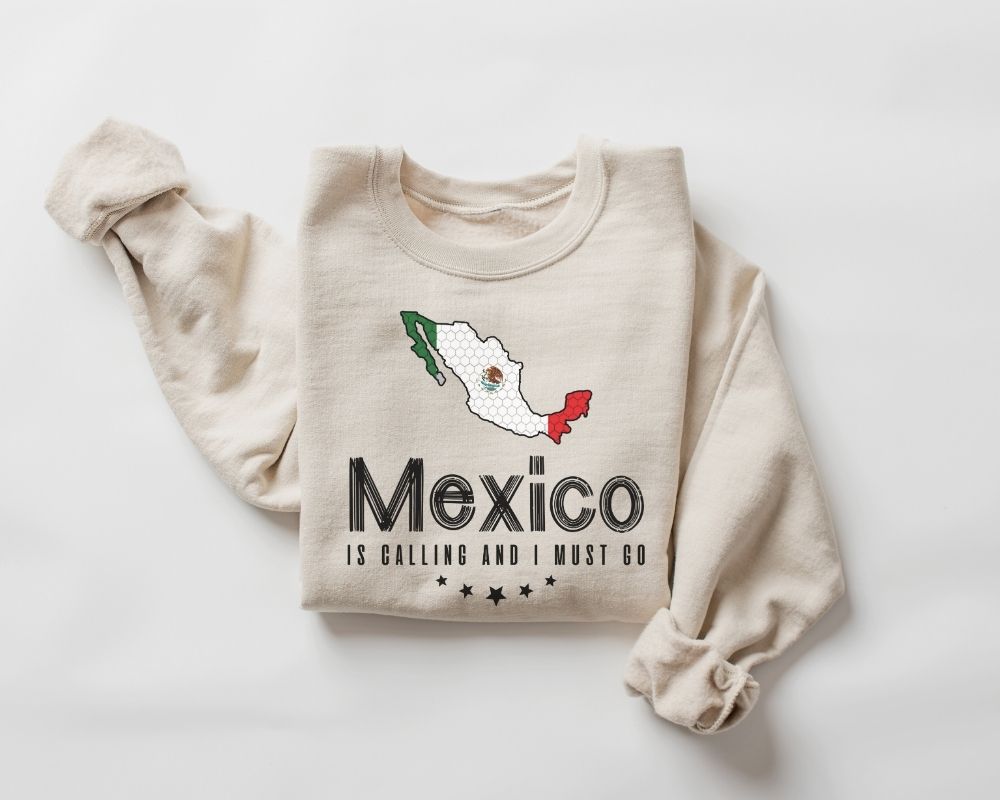 Beige (sand) sweatshirt with Mexican map design and text on a white background