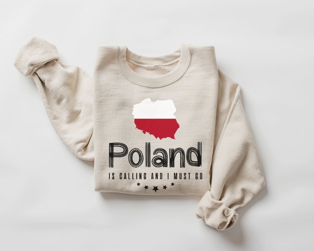 Beige (sand) sweatshirt featuring the Polish flag along with text on a white background.