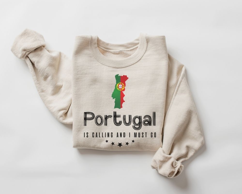 Beige (sand) sweatshirt featuring a Portugal-themed design on a white background.