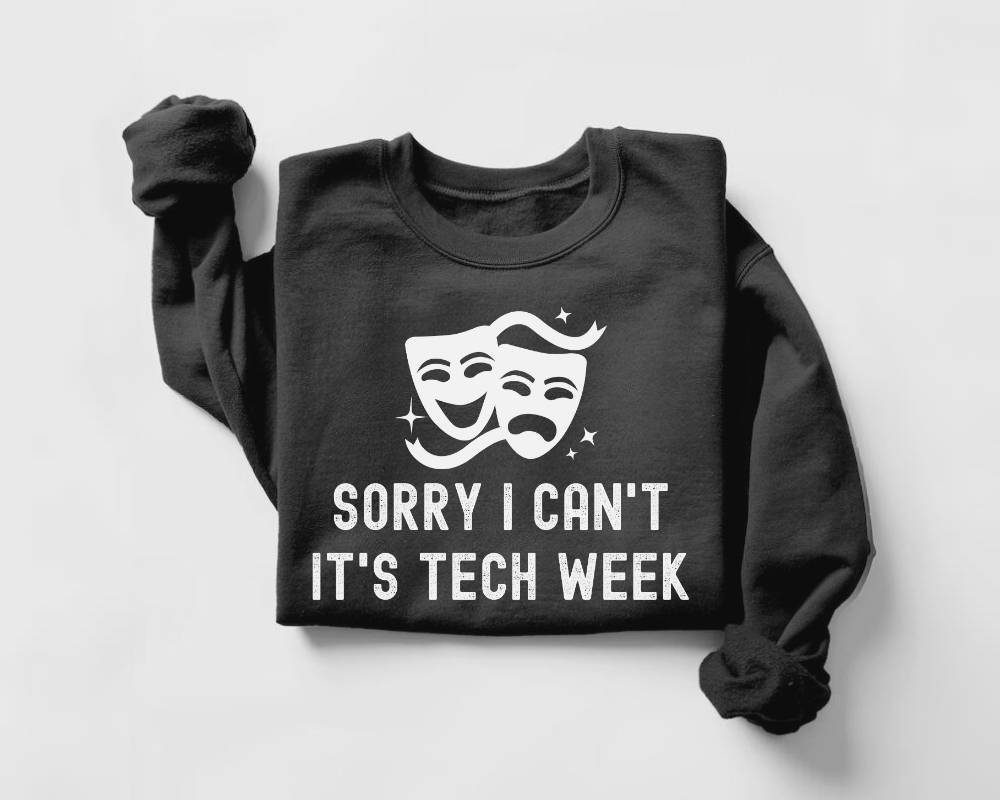 Black sweatshirt with white text and graphic on a light gray background