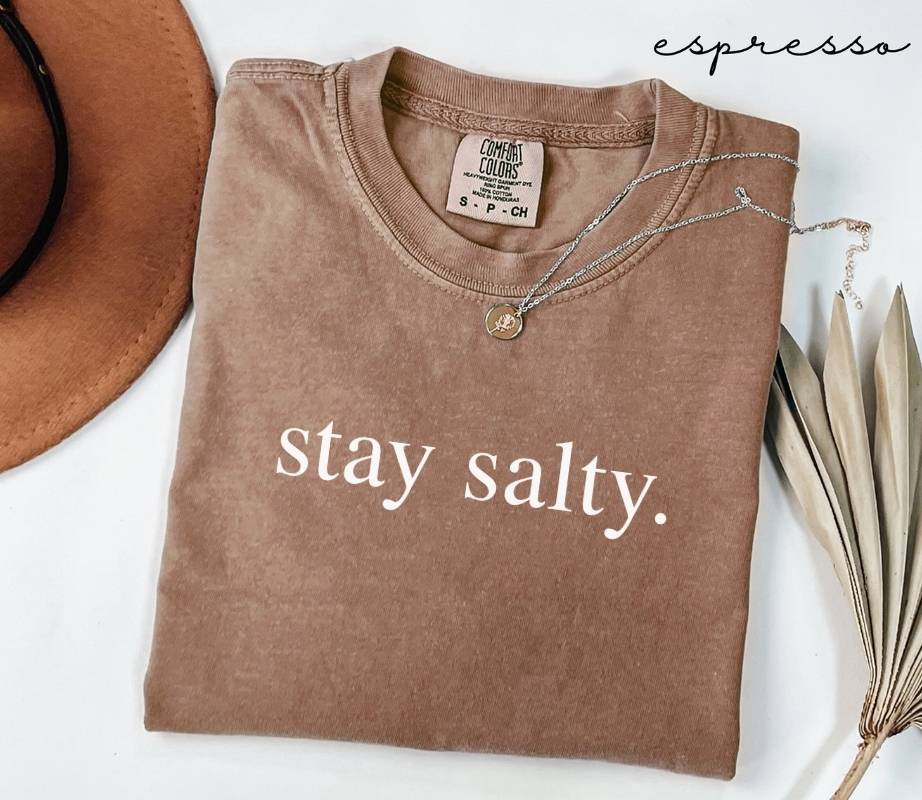 Folded brown (espresso) t-shirt with 'stay salty.' text, next to a hat and dried leaves on a white background.