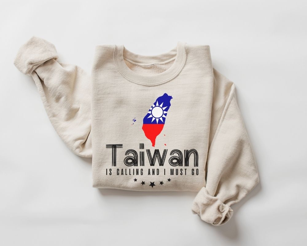 Beige (sand) sweatshirt with Taiwan flag design and text on a white background